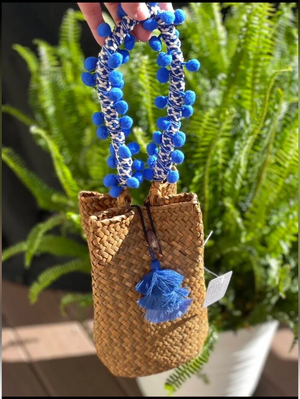 Blue-Accent Woven Straw Bucket Bag